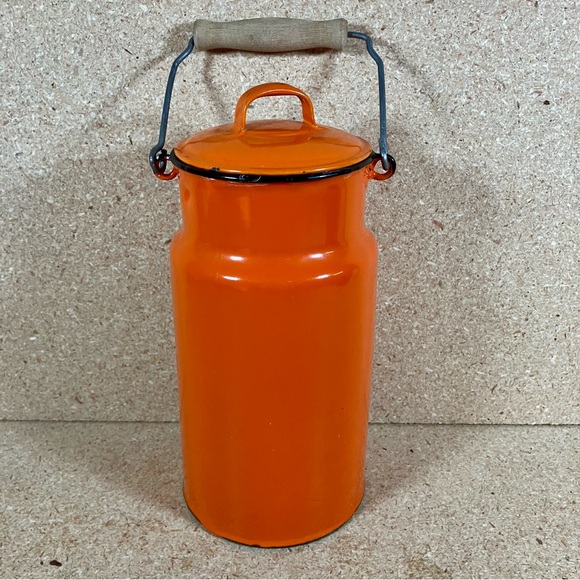 Other - Vintage Enamelware 11" Orange Milk Jug Can w/ Lid & Brown Wood Handle Poland